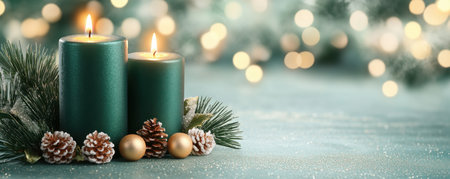Immerse yourself in a tranquil Christian holiday scene Two green candles glow softly against a bokeh backdrop, surrounded by pinecones, gold ornaments, and evergreens This peaceful image, featuring a textured light blue surface, radiates warmth and reflection Perfect for seasonal greetings and inspirational designs, it captures the essence of faith AI Generativeの素材