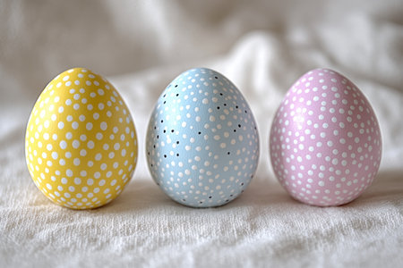 Uncover the enchantment of vibrant Easter eggs with whimsical patterns and hidden surprises! These charming, dot-decorated eggs are perfect for spring celebrations, crafting, and holiday d cor Ideal for Easter baskets, games, or adding joy to your home They inspire creativity and bring festive cheer to families AI Generativeの素材