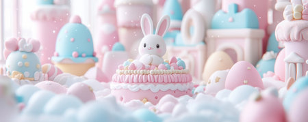 Escape to an Easter dreamscape of pastel pinks and blues A fluffy white rabbit rests on a sweet cake, amidst whimsical treats and cloud-like textures This soft, ethereal scene evokes childlike wonder and joy, celebrating the magic of Easter with delightful artistic vision AI Generativeの素材