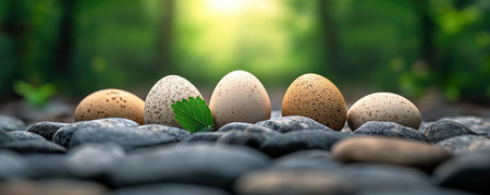 Embark on a magical Easter Bunny Nature Hunt! A tranquil forest transforms into a whimsical wonderland where the Easter Bunny hides eggs among rocks Discover nature's beauty while enjoying a playful egg hunt in this peaceful outdoor adventure, perfect for holiday fun AI Generativeの素材