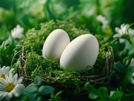 Uncover a hidden egg hunt amidst a vibrant wildflower meadow This close-up captures eggs nestled within lush green foliage and delicate white daisies, embodying the spirit of spring Experience the thrill of discovery in this detailed nature scene, where beauty and adventure blend seamlessly Celebrate the season's magic! AI Generativeの素材