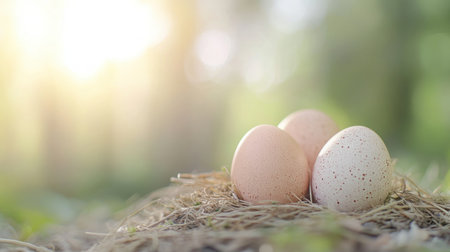 Experience spring's quiet beauty with three unadorned eggs resting in dried grass These simple, natural eggs evoke calm, a reminder of life's delicate balance Unlike vibrant Easter eggs, these symbolize nature's understated elegance, offering a serene connection to the season's gentle beginnings AI Generativeの素材