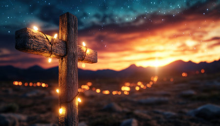 Embrace a tranquil Christian holiday evening with heartfelt decorations and spiritual reflection A luminous cross against a stunning sunset creates a serene scene An illuminated path suggests community and faith This moment of quiet contemplation and spiritual renewal offers perfect holiday inspiration AI Generativeの素材