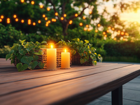 Step into a peaceful Christian holiday evening Glowing candles on a wooden table, surrounded by lush greenery and twinkling lights, create a sacred ambiance during golden hour This serene outdoor scene embodies peace, reflection, and spiritual tranquility, perfect for Christmas or any religious celebration AI Generativeの素材