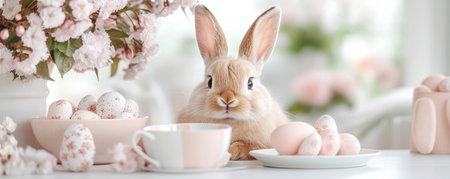 Capture the enchantment of spring with an Easter Bunny Spring Gathering Imagine a cozy scene under a cherry tree, where the Easter Bunny is surrounded by pink eggs and charming decor Floral accents create a delightful setting, perfect for Easter celebrations and inspiring spring photography AI Generativeの素材
