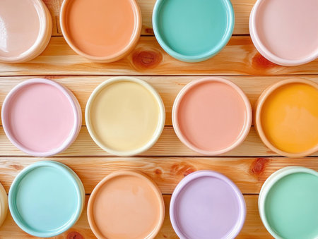 Discover a vintage pastel palette with circular dishes in soft peach, mint, lavender, yellow, and orange hues These light, muted colors evoke gentle nostalgia and retro charm Perfect for design, crafts, or adding a touch of elegant calm AI Generativeの素材