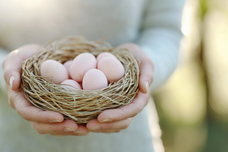 Celebrate Easter with this pastel-hued basket, a symbol of spring's renewal and joyful giving Delicate eggs nestled within evoke the season's essence, perfect for springtime celebrations This warm, inviting image radiates peace, embodying new beginnings and nature's gentle beauty AI Generativeの素材