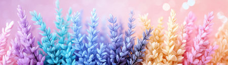 Immerse yourself in a dreamy pastel palette of pink, blue, purple, and orange Soft-focus textured stems create a whimsical scene, enhanced by a magical bokeh background This ethereal design exudes softness and charm, making it perfect for versatile applications AI Generativeの素材