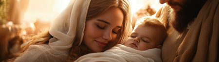 Immerse yourself in a serene holiday scene of deep faith A close-knit Christian family celebrates with devotion, showcasing meaningful rituals Witness a mother's tender embrace of her newborn, a father's adoring gaze, and a blessed moment of sacred family bonding, radiating spiritual joy and holy love AI Generativeの素材