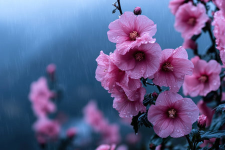 "Rebirth Among Flowers" captures spring's serene awakening Soft pastel hues illuminate blooming gardens, showcasing pink blossoms and vibrant petals This photograph evokes renewal and growth with gentle showers, embodying peaceful natural beauty Experience the magic of nature's rebirth in this tranquil scene AI Generativeの素材