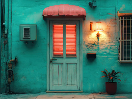 Step into a serene, vintage world with the "Vintage Pastel Palette" Soft light graces a doorway, set against teal walls and delicate pink accents This collection's nostalgic pastels evoke calm and quiet charm, perfect for adding a retro touch to any project Experience the essence of vintage tranquility AI Generativeの素材