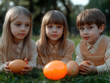 Experience the joy of spring with lively games and an egg hunt in a beautiful garden Children's laughter and colorful balloons fill the air as they play with eggs in the sun These images capture the essence of Easter, showcasing family fun and festive moments in a natural setting, creating AI Generativeの素材
