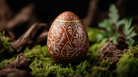 This image captures spring's essence with a shimmering, intricately designed Easter egg Its rich, earthy tones and complex patterns, set against a natural backdrop, highlight the artistry and tradition of this festive symbol Perfect for Easter crafts, design inspiration, or social media posts, this detailed photo embodies rebirth and new AI Generativeの素材