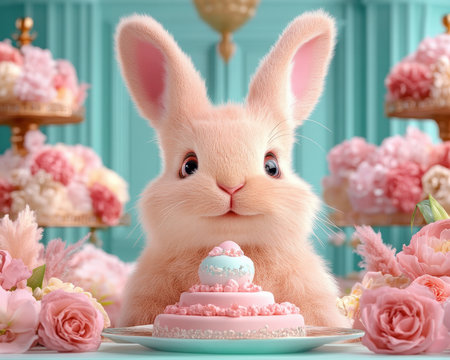 Immerse yourself in the enchanting "Easter Bunny Pastel Gathering," a celebration of spring's soft hues and delicate charm Pastel decorations, from pink roses to light blue backdrops, create a whimsical scene Let the adorable Easter Bunny's feast inspire your crafts and party ideas Capture the magic of springtime! AI Generativeの素材