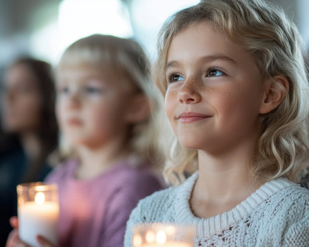 Immerse yourself in the warmth of a Christian holiday Witness families united in prayer, bathed in candlelight Captivating imagery portrays love, faith, and devotion Cherish the essence of a beautiful celebration, where family and soft light create perfect Christmas moments AI Generativeの素材