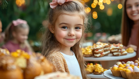 Embrace the warmth of spring with this image of a family gathering after an egg hunt A table overflowing with treats, laughter, and smiles fills the scene, enhanced by festive Easter decorations Perfect for sharing on social media, blogs, or websites, it captures the essence of family, holiday joy, and AI Generativeの素材
