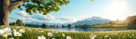 Rolling hills meet vibrant green landscapes, kissed by morning dew Fluffy white clouds drift across a clear blue sky reflected in a serene lake Wildflowers dot the foreground, while majestic mountains rise in the distance This breathtaking scene captures the essence of tranquil peace in nature AI Generativeの素材