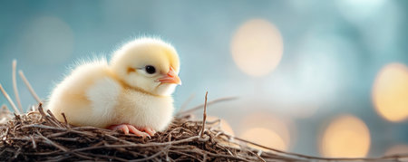 A fluffy yellow chick rests peacefully in a cozy nest of twigs and fresh green grass, embodying the essence of spring The adorable newborn's downy feathers and tiny beak are highlighted against a soft bokeh backdrop This charming image radiates warmth and new life, perfect for seasonal, children's, or nature-inspired AI Generativeの素材