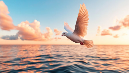 A luminous dove glides over a serene sea, embodying faith, renewal, and healing This peaceful scene evokes personal enlightenment and hope for a brighter future It's a symbol of freedom and new beginnings, perfect for meditation and spiritual growth, bringing serene tranquility and inviting quiet contemplation AI Generativeの素材