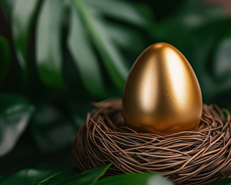 A golden egg rests in a nest, radiating faith and renewal Symbolizing eternal rebirth and divine promise, it evokes hope and new beginnings Its golden hue adds transcendence, representing a gift from the heavens and a sacred potential This image invites contemplation on creation and spiritual growth Find inspiration in AI Generativeの素材