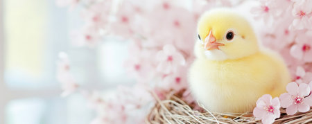 A charming yellow chick, symbolizing new beginnings, perches on a spring nest amidst pink blossoms Bathed in soft light, this adorable newborn celebrates the season The simple nest and vibrant flowers enhance the natural beauty, creating a picture-perfect scene filled with warmth and charm, evoking the joys of springtime AI Generativeの素材
