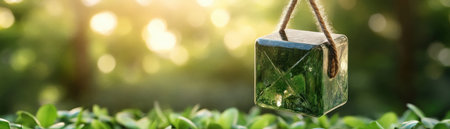 A glass cube hovers above vibrant foliage, sunlight creating a bokeh effect Sparkling dew on lush grass catches a warm sunrise, radiating serenity The scene evokes tranquility, showcasing nature's beauty and light's interplay Ideal for calming backgrounds and nature projects AI Generativeの素材