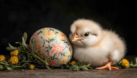 A charming spring scene features a fluffy Easter chick nestled against a painted egg in a vibrant meadow This heartwarming image embodies new beginnings, perfect for Easter celebrations, crafts, and seasonal decor The cute chick and colorful egg create a joyful, tender moment ideal for creative applications AI Generativeの素材