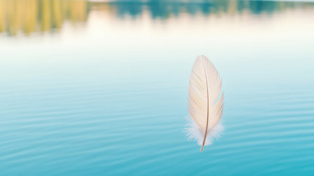 A luminous feather drifts on a calm lake, a symbol of faith and renewal Gentle ripples enhance the tranquil scene, fostering peaceful contemplation This image embodies hope, spiritual awakening, and the mirroring of inner reflection It's a message of resilience and new beginnings, inspiring viewers to ponder their own transformative AI Generativeの素材