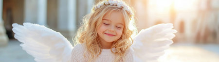 A radiant angel with white wings guides a traveler through a glowing path, embodying resurrection, light, and faith This enchanting image, depicting a child-angel with a gentle expression, evokes heavenly hope, divine protection, and serenity, radiating innocence and spiritual peace AI Generativeの素材