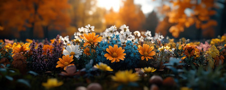 Bathed in golden light, a vibrant garden explodes with color, a visual hymn to life This radiant scene embodies resurrection, hope, and peace Flowers in full bloom under the gentle sun evoke joy, promising new beginnings and the enduring beauty of nature's cycle Experience this tranquil splendor AI Generativeの素材