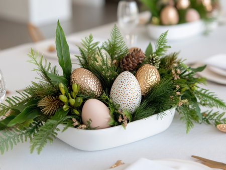 Celebrate Easter with a charming centerpiece of lovingly crafted chocolate eggs nestled in lush greenery Discover inspiring ideas for festive table decor and home styling, creating a warm, inviting atmosphere for your Easter gathering Embrace the joy of the season with this delightful and impressive setup AI Generativeの素材
