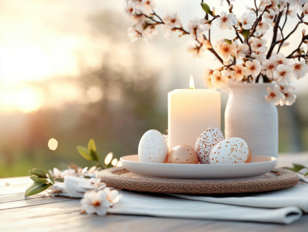 Experience the magic of a Springtime Easter feast in this image Soft candlelight casts a warm glow on a delicate arrangement, enhancing the festive atmosphere This captivating photo embodies the joy and tradition of Easter, offering inspiration for your holiday d cor and bringing the season's spirit to life AI Generativeの素材