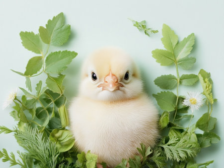 Embrace spring with an adorable Easter chick nestled in lush greenery This scene showcases nature's renewal with verdant foliage, delicate blossoms, and a soft pastel backdrop Perfect for Easter projects, this joyful image captures the essence of the season's fresh, vibrant energy AI Generativeの素材