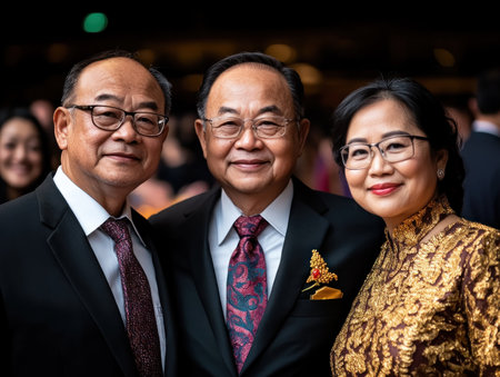 This heartwarming photograph captures a joyful family celebration, uniting generations Three figures in formal attire elegant black suits with patterned ties and a beautiful gold embroidered dress pose, showcasing strong family bonds It's a testament to shared traditions, love, and laughter, radiating a rich sense of heritage and familial warmth AI Generativeの素材