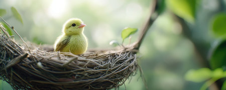 A cheerful yellow chick, perched on a spring nest amidst lush greenery, embodies the essence of the season This adorable bird, a symbol of new beginnings and springtime joy, radiates vibrant colors Perfect for spring-themed content, it captures nature's beauty and the sweet spirit of the season AI Generativeの素材
