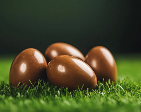 Capture the joy of Easter with this whimsical scene! A playful table displays chocolate eggs nestled in artificial grass, symbolizing the holiday's excitement These delicious treats are arranged charmingly, ready to be shared and enjoyed This festive display is perfect for bringing a smile and capturing the spirit of Easter AI Generativeの素材