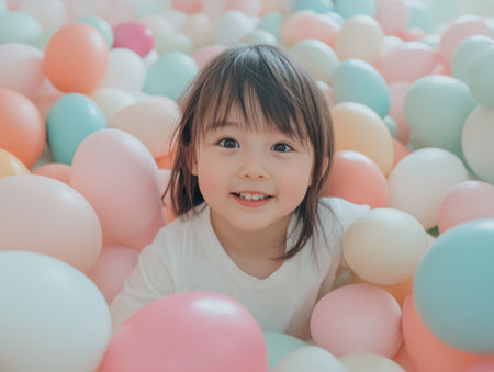 Forget Easter eggs! This image bursts with a toddler's pure joy, immersed in a pastel balloon sea No frantic hunt, just unadulterated fun and vibrant colors It's a moment of childhood bliss, a joyful escape unlike a traditional Easter egg hunt This scene captures the innocence and playfulness of youth AI Generativeの素材