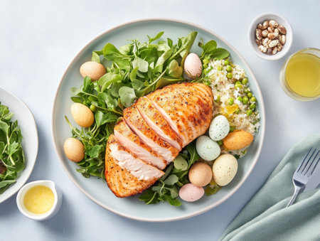 Embrace Easter with a joyful feast! Savor succulent salmon, fresh greens, and vibrant eggs Enjoy heartwarming family traditions and create lasting memories Discover delightful recipes and festive plating ideas Capture the essence of this special holiday with vibrant flavors and joyful celebrations, perfect for spring gatherings AI Generativeの素材