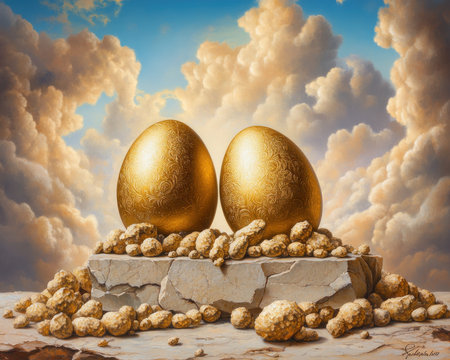 Golden painted eggs, symbols of growth and renewal, rest on a stone plinth, illuminated by celestial light This striking image captures the artistry and deep symbolism within painted eggs, offering a glimpse into rebirth and hope Perfect for Easter or spring, it's a celebration of artistic beauty AI Generativeの素材