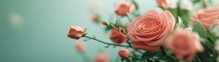 Celebrate spring with this vibrant floral arrangement Delicate pink roses pop against a soft teal backdrop, capturing the joy of a garden party Perfect for invitations, announcements, or brightening any project, these stunning floral details evoke the fresh, lively essence of springtime AI Generativeの素材