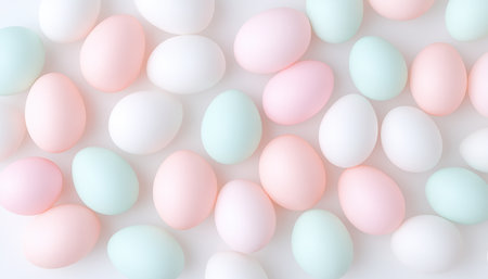 Uncover the gentle beauty of pastel painted eggs This collection blends springtime charm with elegance, showcasing soft hues of pink, mint, and white Perfect for Easter d cor, crafts, or adding subtle color to any project Explore the delicate aesthetic of these subtly beautiful eggs AI Generativeの素材