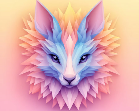 Uncover a whimsical digital artwork: a Symbolic Animal silhouette adorned with bunny ears Pastel colors and geometric shapes blend familiar forms with fantasy Ideal for wall art, phone backgrounds, or graphic design, this unique piece adds charm and creativity to any collection AI Generativeの素材