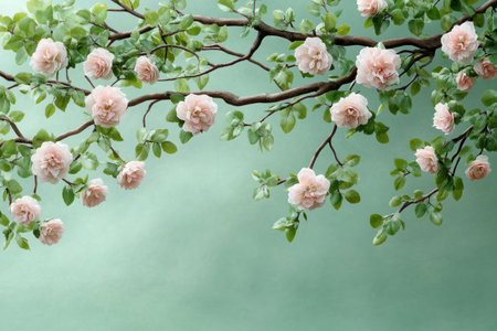 A cascade of light green leaves and blush pink blossoms creates a serene, springtime scene Set against a soft green backdrop, this image embodies nature's delicate beauty and rebirth A floral masterpiece, it brings the fresh, peaceful essence of spring to any design project, highlighting nature's renewal AI Generativeの素材