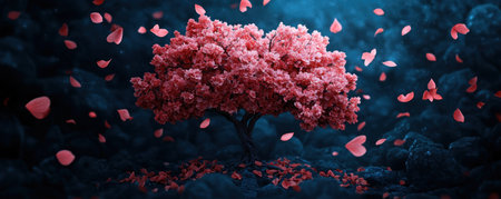 Witness a sacred tree bathed in divine light within an enchanted forest, a powerful symbol of resurrection and spirituality Pink blossoms and falling petals evoke peace and the life cycle's renewal Perfect for projects celebrating nature's beauty, life's delicate balance, and the transformative power of the natural world AI Generativeの素材