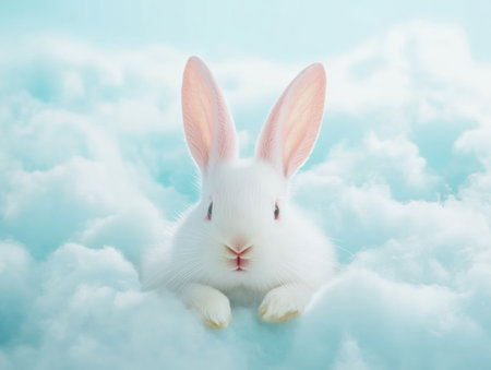 Unleash joy with playful bunny ears! This whimsical image, be it illustrated or a real rabbit, radiates laughter amidst soft clouds A charming white rabbit with prominent ears embodies serene innocence, perfect for Easter, spring, or any cheerful project Its captivating presence promises a scene of pure, lighthearted fun AI Generativeの素材