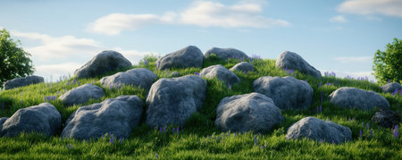 Immerse yourself in Springtime Joy Freshness Landscape A hillside dotted with stones meets a vibrant blue sky, while subtle lavender blooms grace the lush green grass This serene scene offers nature's beauty and tranquility, perfect for a calming desktop background or peaceful escape Enjoy the scenic view AI Generativeの素材