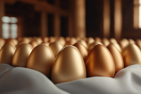 Discover a luxurious collection of chocolate eggs, exquisitely wrapped for holiday gifting Perfect for Easter or gourmet indulgence, these golden delights promise a rich, decadent experience Artfully arranged, they are ideal as a premium present or sophisticated festive treat, offering a touch of luxury and flavor AI Generativeの素材