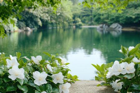 Escape to a serene lakeside haven this spring Lush greenery embraces tranquil waters, adorned with delicate white blooms Experience the gentle whispers of the forest carried by a soft breeze, creating a peaceful retreat Discover nature's quiet charm and find pure serenity in this picturesque landscape AI Generativeの素材