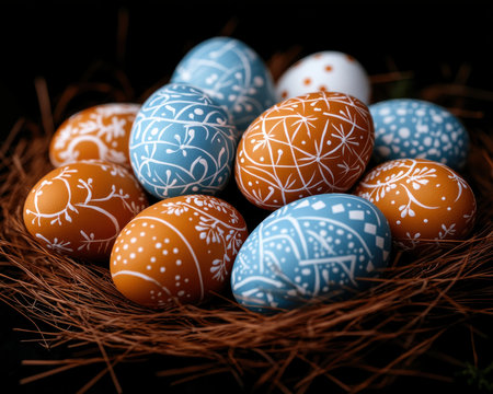 Experience the vibrant beauty of tradition with these painted eggs Symbolic designs in blue and orange capture nature's essence, conveying hope and renewal Intricate patterns showcase artistic craftsmanship and cultural heritage Perfect for Easter or any occasion, these folk art pieces offer a timeless and creative touch AI Generativeの素材