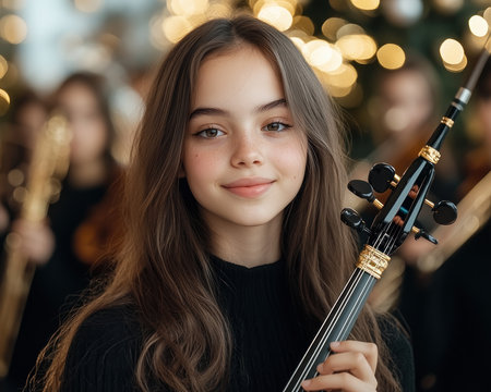 Immerse yourself in holiday magic with a symphonic performance of classic seasonal tunes A young cellist joins the group, adding to the musical elegance Witness this enchanting celebration of joy, capturing the spirit of the season The image features musical instruments, completing this festive tableau AI Generativeの素材